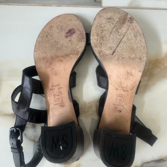 Stuart Weitzman Milanese Black Leather Strappy Block Heel Sandals Shoes Size 9 - Picture 7 of 8